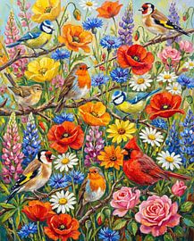 Kleurrijke bloemen en vogels