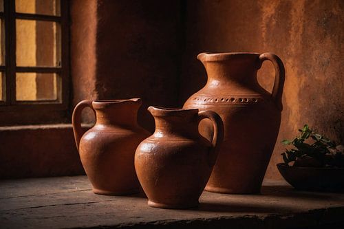 3 terracotta pitchers in warm morning light