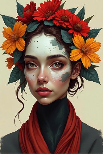 Fleur rouge magique - Visage de femme mystique avec peinture florale