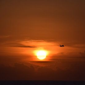 Vliegtuig tijdens een dieprode zonsondergang von Chantal Schutte