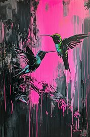 Two flying hummingbirds on a dark background with bright pink dripping paint.