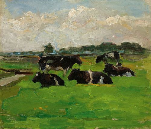 Landschap met groep van vijf koeien, Piet Mondriaan