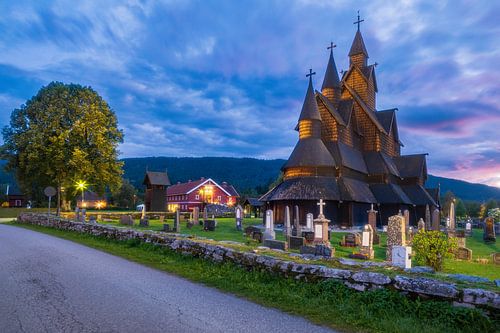 Heddal's Stave Church in Norway, just after sunset