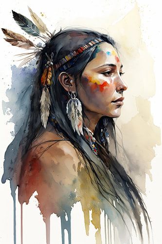 Indiaanse traditionele vrouw met waterverf in boho stijl