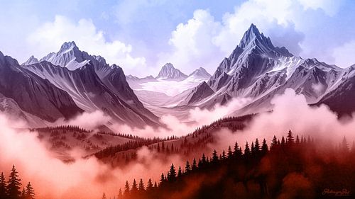 Berglandschap tussen winter en lente - gletsjers, bossen en wolken in dialoog tussen permanentie en vergankelijkheid