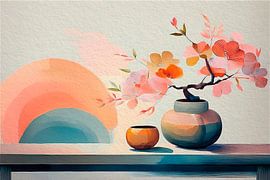 Vase mit Blumen, Aquarellmalerei im Japanischen Stil von Studio Pieternel