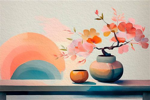 Vase avec des fleurs, peinture à l'aquarelle de style japonais
