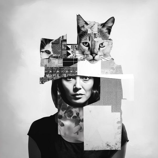 Woman and cat collage black and white by Vlindertuin-Art