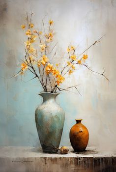 Peinture bouquet sec vase bleu pastel fleurs jaunes