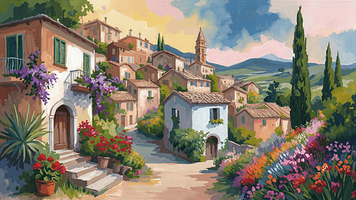 Toskanische Hügellandschaft mit farbenfrohen Blumen von STUDIO ARTSY