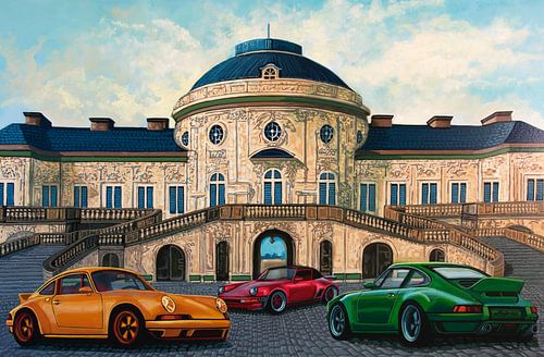 Porsches in Front of Solitude Castle Stuttgart Painting