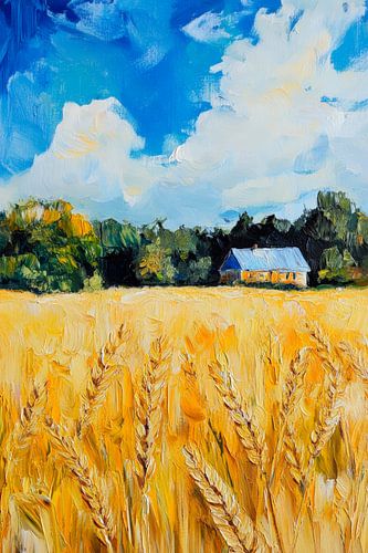 Korenveld met blauw huis - Heldere kleuren