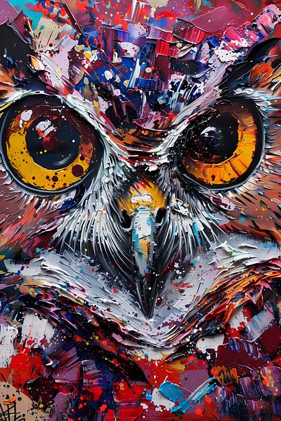 Abstracte, kleurrijke uil met dynamische verfexplosies van Art & Soul Creations