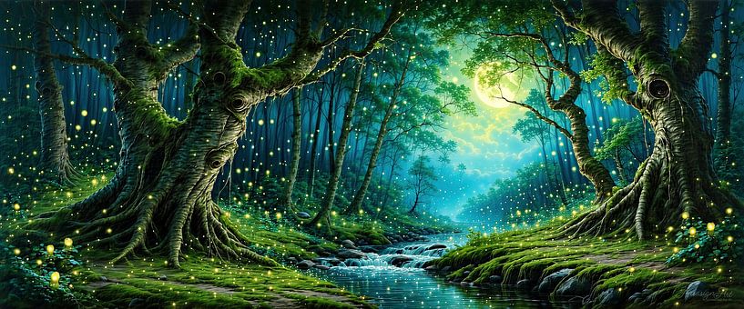Fairytale forest in the bright glow of the full moon and fireflies - sentinel trees, whispering shadows and the magical glow of fireflies in a forest full of magic by AidasignArt