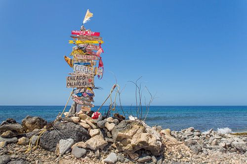 Landscape traffic sign with place names on the coast of Bonaire