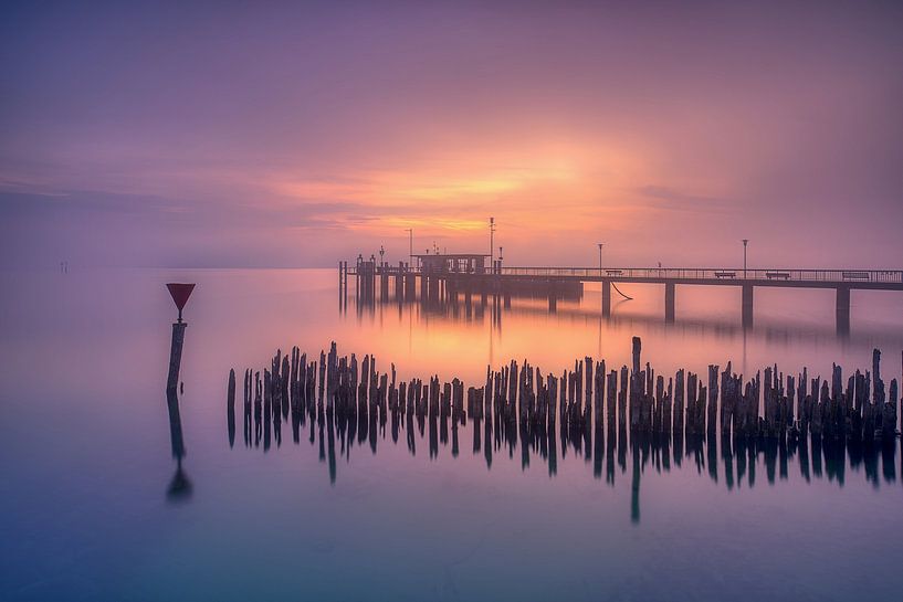 foggy sunset at the landing stage Wasserburg on Lake Constance by Judith Kuhn