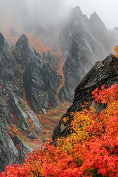 Herfstig berglandschap met mist van Poster Art Shop