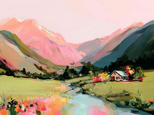 Pastel Mountain Valley Painting