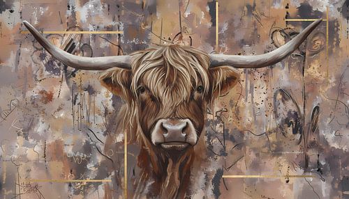 Schotse hooglander kop met brede hoorns -mixed media goud tinten