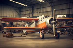 altes Vintage-Flugzeug im Flughafenhangar, Kunstdesign