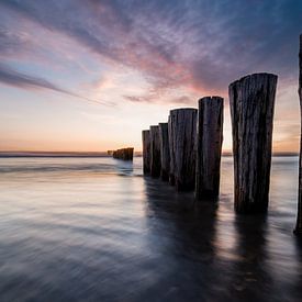 Holzpfähle bei Sonnenuntergang — Bergen aan Zee von Sjon de Mol