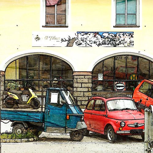 Old Italian cars and a scooter in italy
