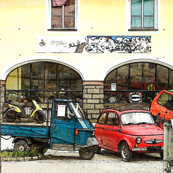 Oude Italiaanse auto`s en een scooter in italië van Joke te Grotenhuis