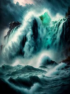 Tosender Wasserfall Felsen Unwetter dramatisch Meer Gischt