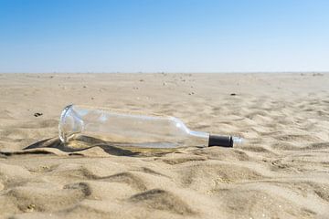 Een afval glas wijn fles op zand strand in de zon, concept van oceaan afval en vervuiling van Leoniek van der Vliet