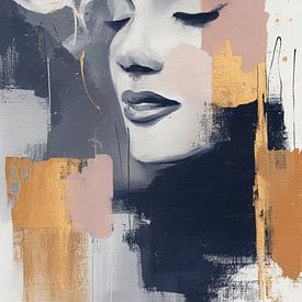 Mysteriöses Frauenporträt in Gold und Grau - verträumtes abstraktes Gemälde für elegantes Interieur von Joriali Abstrakte Kunst