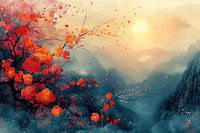 Enchanting Mountain Landscape with Blooming Red Flowers