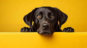 Nahaufnahme eines schwarzen Labrador Retrievers vor einem leuchtend gelben Hintergrund.