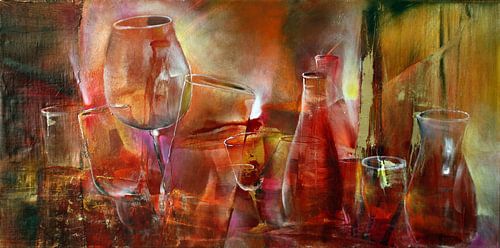 Partij: flessen en glazen in rood en magenta van Annette Schmucker