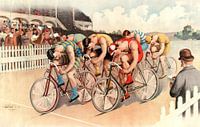 Cyclists cycling over the finish, from 1895