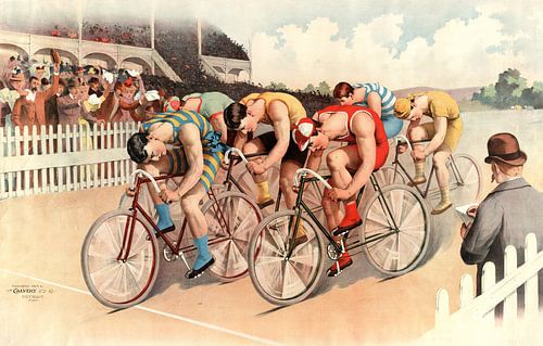 Wielrenners die over de finish fietsen, uit 1895