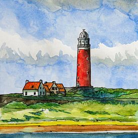Texel Eierland Vuurtoren | Handgemaakte Aquarel Schilderij van WatercolorWall