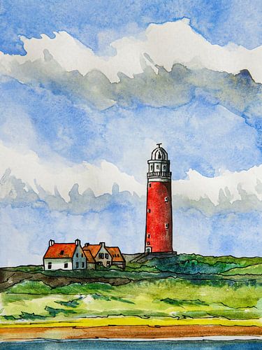 Texel Eierland Lighthouse | Hand-painted watercolour painting by WatercolorWall