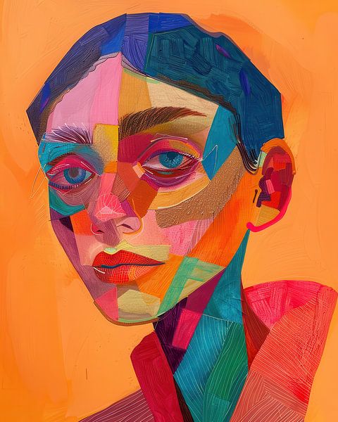 Abstract vrouwelijk portret in felle kleuren van Digatelier
