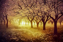 Zonsopgang in het bos schilderij, Illustratie