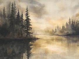 Misty lake forest landscape painting by IamHome Studio