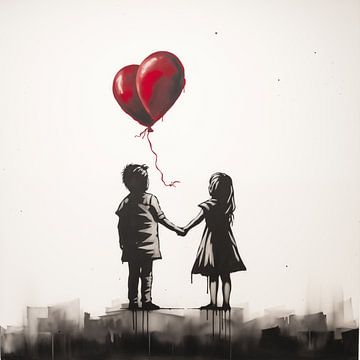 Meisje en jongen met 2 ballonnen van TheXclusive Art