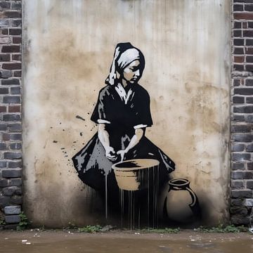 Vermeer an der Wand | Banksy-Stil | Graffiti von Blickfänger Gemälde