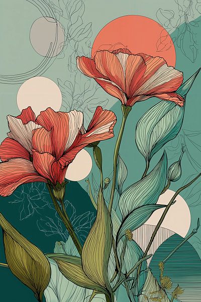 Botanical Illustration in Coral and Petrol no. 6 by Studio BB