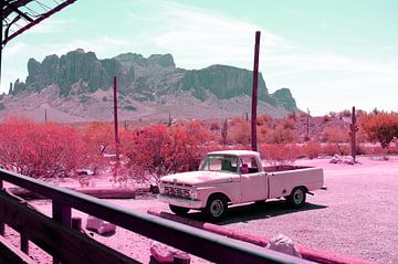 Amerikaanse auto geparkeerd in de woestijn van Arizona van Hozho Naasha