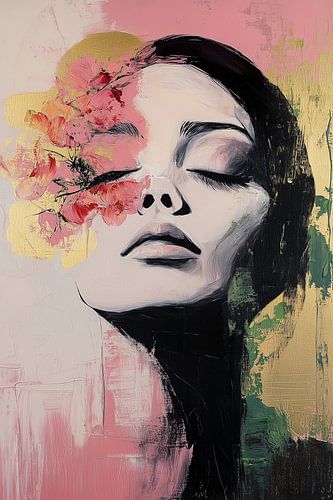 In the Bloom of Silence ; portrait d'une femme en noir et blanc sur fond rose, vert et or, avec des accents de fleurs de cerisier roses.