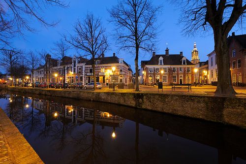 Havik in Amersfoort in de avond met Onze-Lieve-Vrouwetoren op de achtergrond