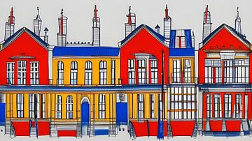 Haus gelb blau rot von Lily van Riemsdijk - Art Prints with Color