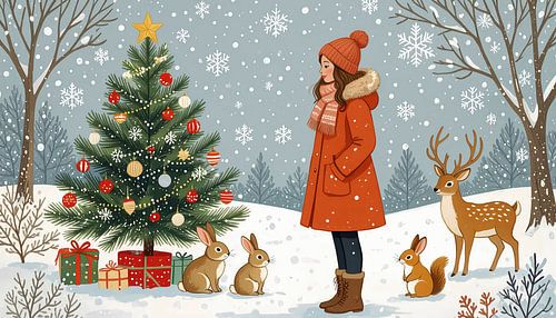 Animals and girl by the Christmas tree
