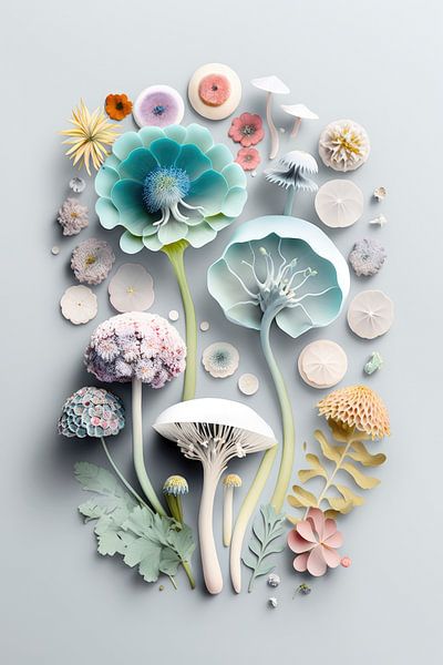 Collage de champignons et de fleurs | Art 1 par Digitale Schilderijen