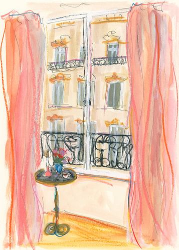 Illustration mit Blick aus einem Pariser Fenster